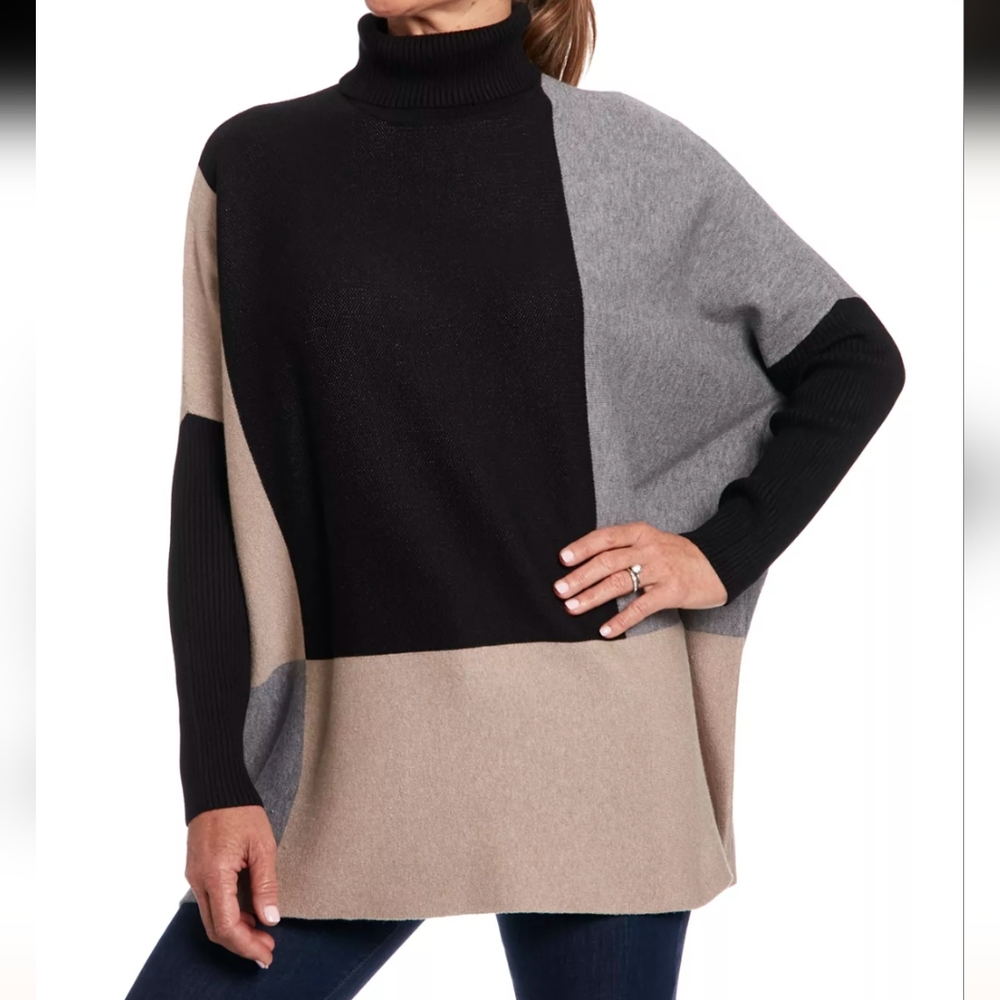 Joseph A Size XL Black & Gray Houndstooth Turtleneck Poncho Sweater MSRP $78.00